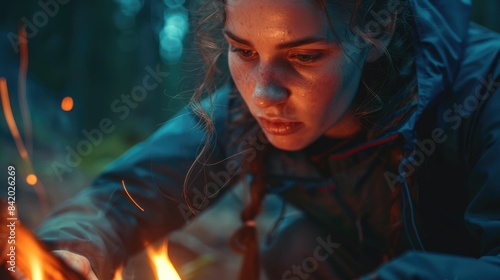 A fictional character, a woman, is having fun lighting an electric blue fire in the dark woods at night, creating warmth and light amidst the darkness AIG50