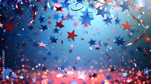 American holiday with lively stars confetti, sparkling blue and red illustration,