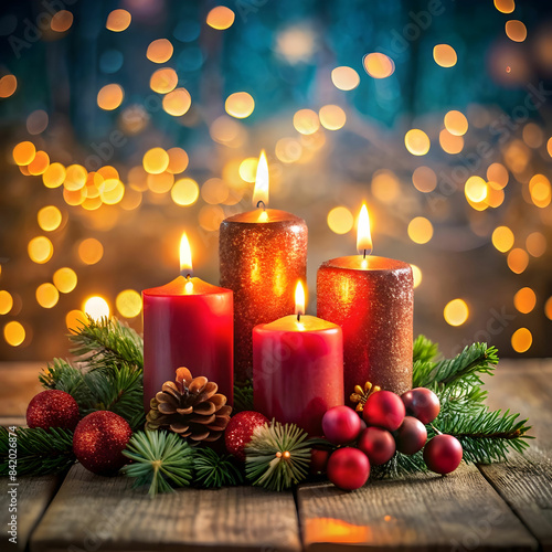 Christmas candles with bokeh background. Christmas Ligths and Candles