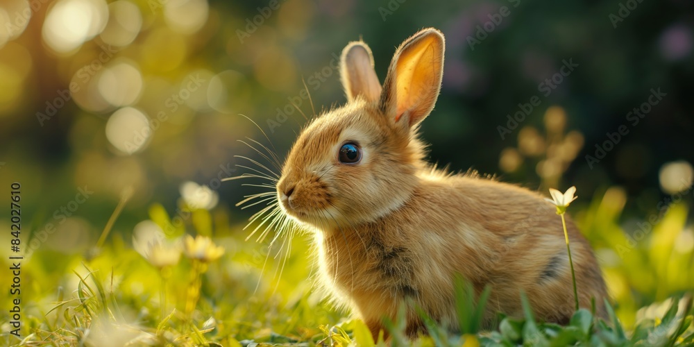 Fototapeta premium A close-up of an adorable brown rabbit sitting amongst green grass, illuminated by soft sunlight