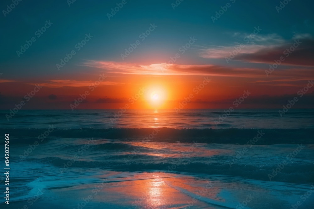 Fototapeta premium A majestic beach sunset with the sun setting over the horizon and its light reflecting on the wet sand