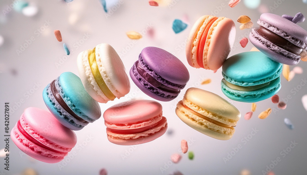 Obraz premium Close up of several macaroons flying in the air on pastel light plain background
