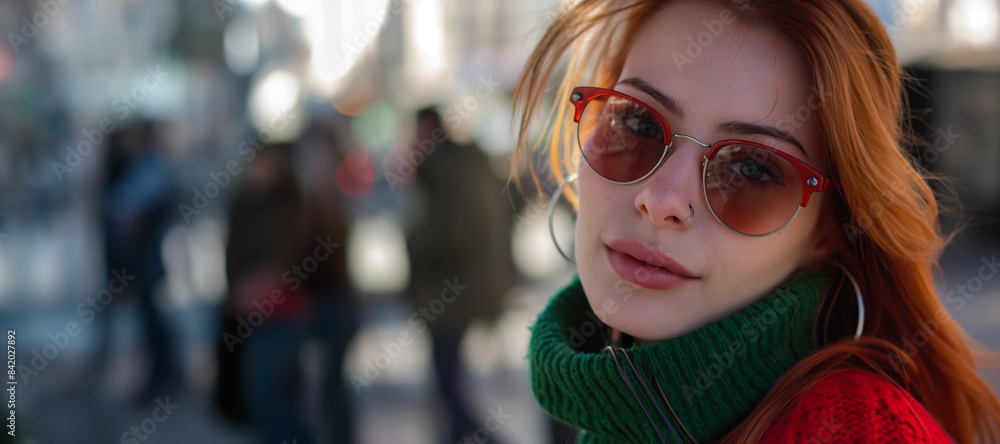 A candid, portrait of a redhead woman with sunglasses on a city street with copy space A candid, portrait of a redhead woman with sunglasses on a city street with copy space