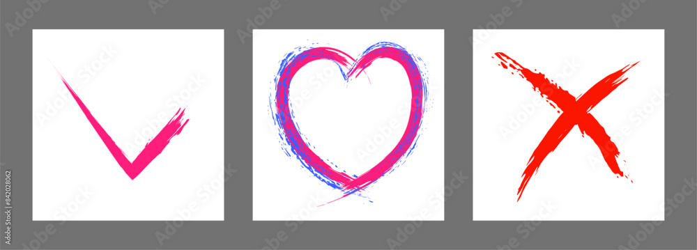 The cross, heart and OK symbol are hand-drawn with a brush. Prohibition, denial, error. Love. Approval, consent. Vector, set of 3 characters The cross, heart and OK symbol are hand-drawn with a brush. Prohibition, denial, error. Love. Approval, consent. Vector, set of 3 characters