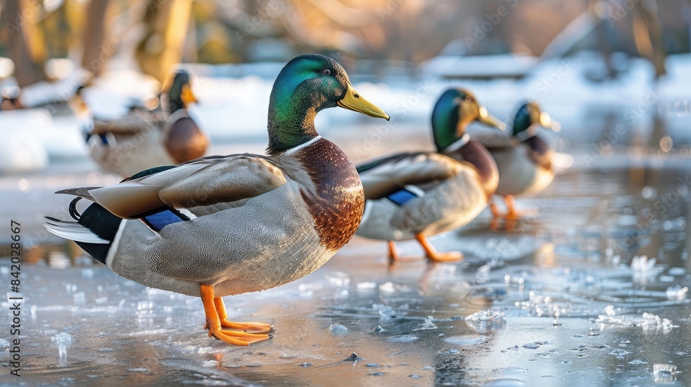 Ducks on a icy pond cold season detailed image Ducks on a icy pond cold season detailed image