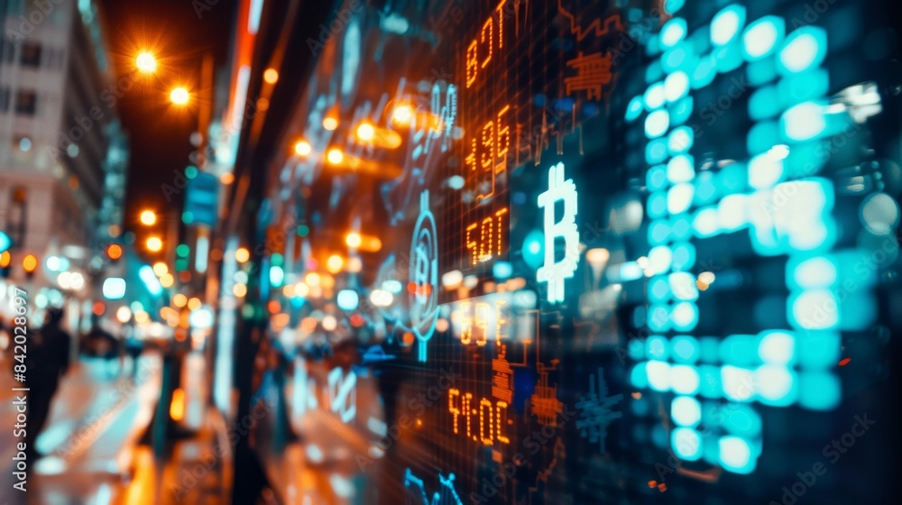 Fototapeta premium Abstract image of stock market data reflected on glass window.