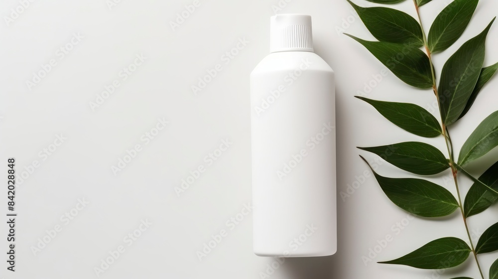 Cosmetic bottle on white background with green leaves Cosmetic bottle on white background with green leaves