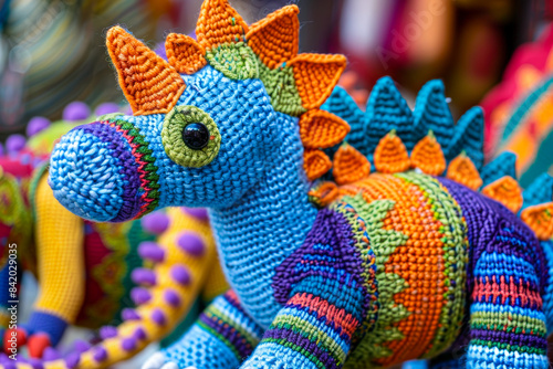 Vibrant Crochet Dinosaur Plush Toy with Intricate Patterns Available at Artisanal Market
