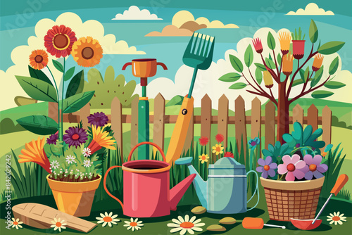 This image shows a picturesque garden. It features a variety of flora, including trees, flowers, and plants of various shapes and sizes. Gardening tools such as watering cans, pots, and rakes are also