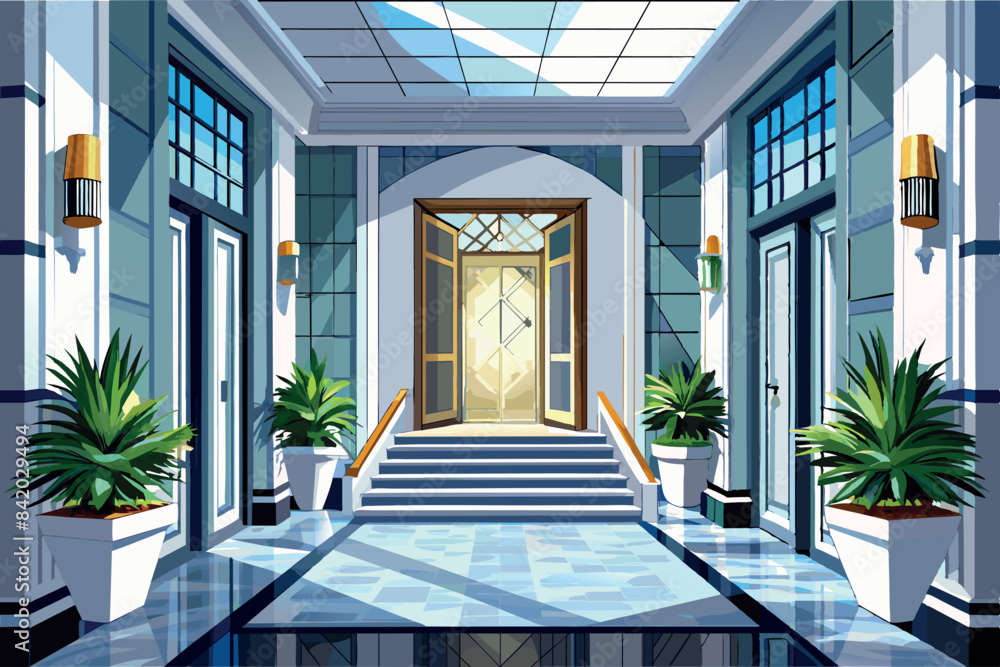 Fototapeta premium An interior corridor in a modern building. The walls are decorated with wood paneling and artwork. There are several doors on both sides of the corridor.