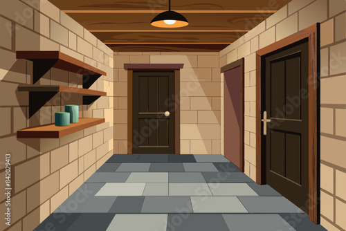 Corridor or hallway. It has stone walls, a wooden beamed ceiling, a large bookshelf with books and jars, and a clothes closet