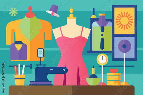  An illustration related to sewing and modeling. there is a mannequin wearing a dress with shirts hanging on hangers on either side. the topic presents elements related to modeling and sewing.