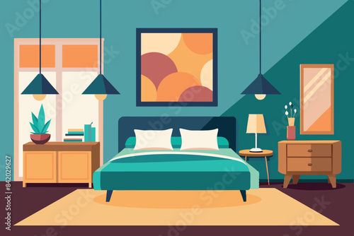 The bedroom has walls, a large bed with a headboard and covers in the middle, windows, curtains, a dresser with a lamp and books on top. There is a rug on the floor in front of the bed.