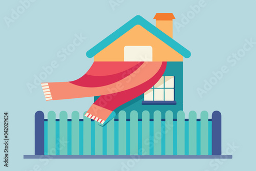 a small house with a red roof, yellow walls. It is wrapped in a scarf with white stripes, which may symbolize coziness, energy conservation or insulation to keep warm during the cold season.