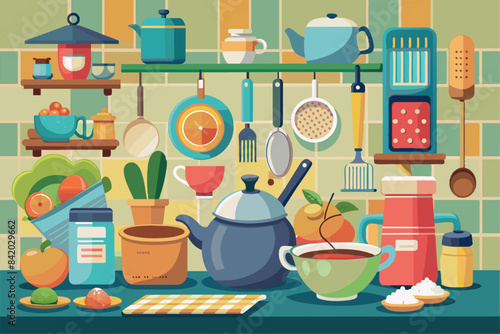 a set of kitchen utensils and cookware. namely a chef's knife, whisk, spatula, pots with lids, frying pan, ladle. This set represents the tools that are commonly used in cooking.