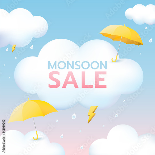 Monsoon season sale banner pastel colors, umbrellas, rains and clouds background with thunders. 