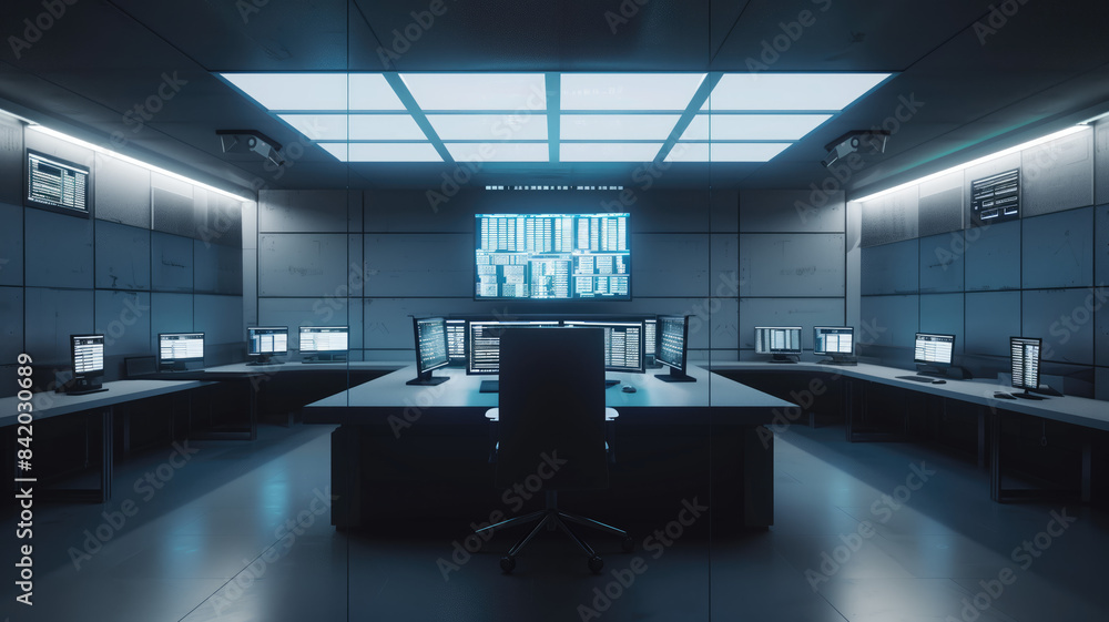 Empty interior of big modern security system control room, workstation with multiple displays, monitoring room with at security data center Empty office, desk, and chairs, Generative AI Empty interior of big modern security system control room, workstation with multiple displays, monitoring room with at security data center Empty office, desk, and chairs, Generative AI