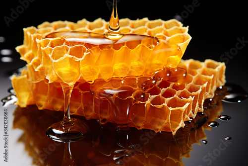 Close up of natural wild honeycomb with dripping honey on black background