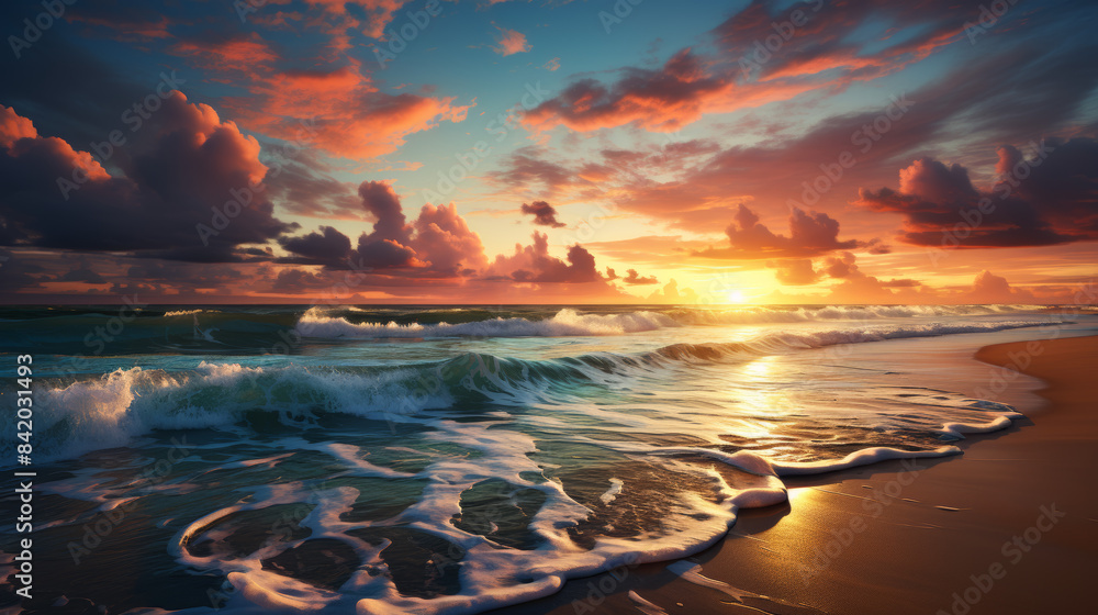 A peaceful dawn over a tranquil shore with soft waves and golden tones A peaceful dawn over a tranquil shore with soft waves and golden tones