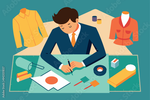 The seamstresses are in the atelier. One of them is diligently sewing a piece of fabric, while the other stands at a table with various sewing tools and studies a piece of paper, which, is a pattern o