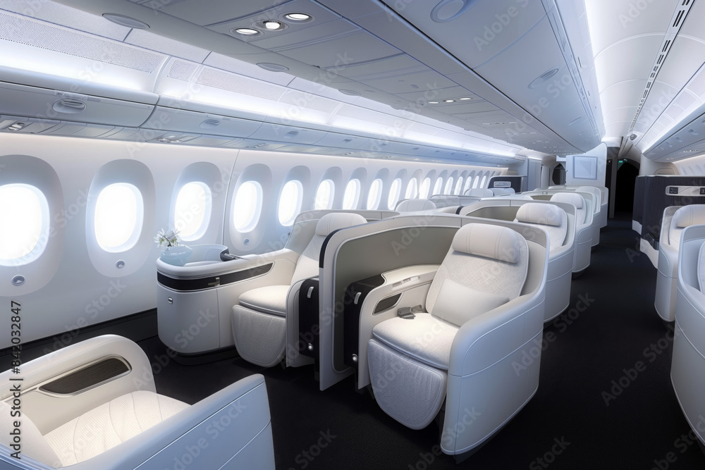 An airplane passageway with empty passanger seats, comfortable chairs in a modern business jet An airplane passageway with empty passanger seats, comfortable chairs in a modern business jet