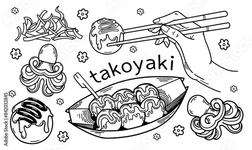 Takoyaki doodle set. Japan street food hand drawn icon. Unagi, octopus, hand with chopsticks hashi.