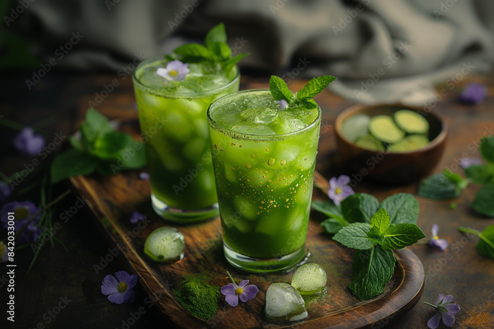Two glasses of green cocktail with mint, ice and flowers on the wooden tabletop Two glasses of green cocktail with mint, ice and flowers on the wooden tabletop