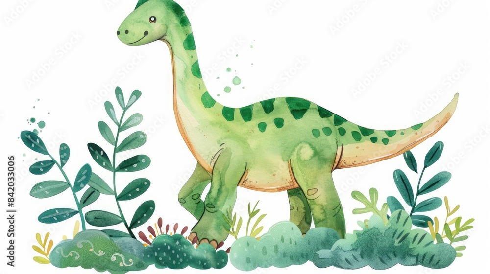 Fototapeta premium Adorable long necked dinosaur sticker designed in a charming hand drawn style perfect for adding a touch of whimsy to any nursery