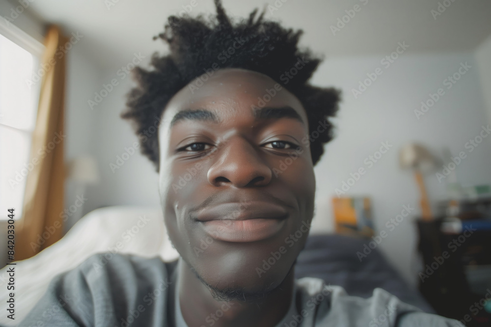Realistic phone selfie made by a young african american man at home without filters Realistic phone selfie made by a young african american man at home without filters