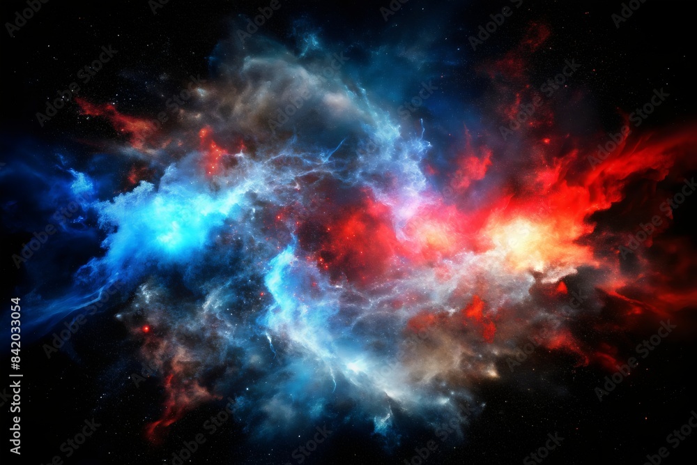 red and blue smoke with rays in space red and blue smoke with rays in space