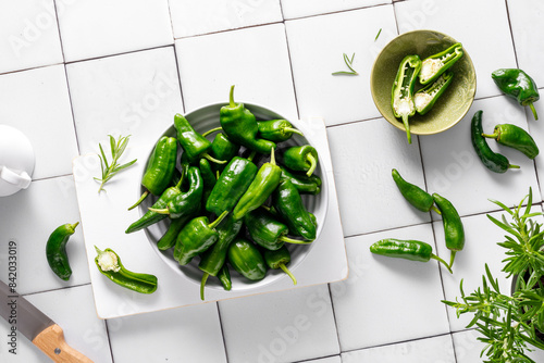 Fresh green Spanish Pimientos de Padron pepper, top view photo