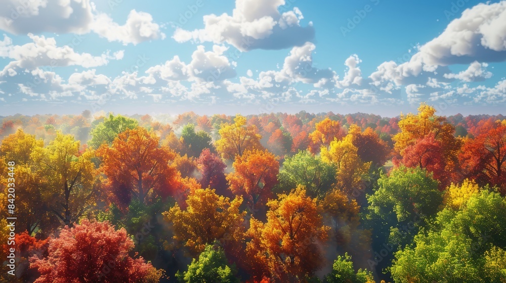 A bird s eye view of the vibrant tree canopies in a fall woodland Glistening sunlight illuminates the scene showcasing fluffy clouds against a clear blue sky A bird s eye view of the vibrant tree canopies in a fall woodland Glistening sunlight illuminates the scene showcasing fluffy clouds against a clear blue sky