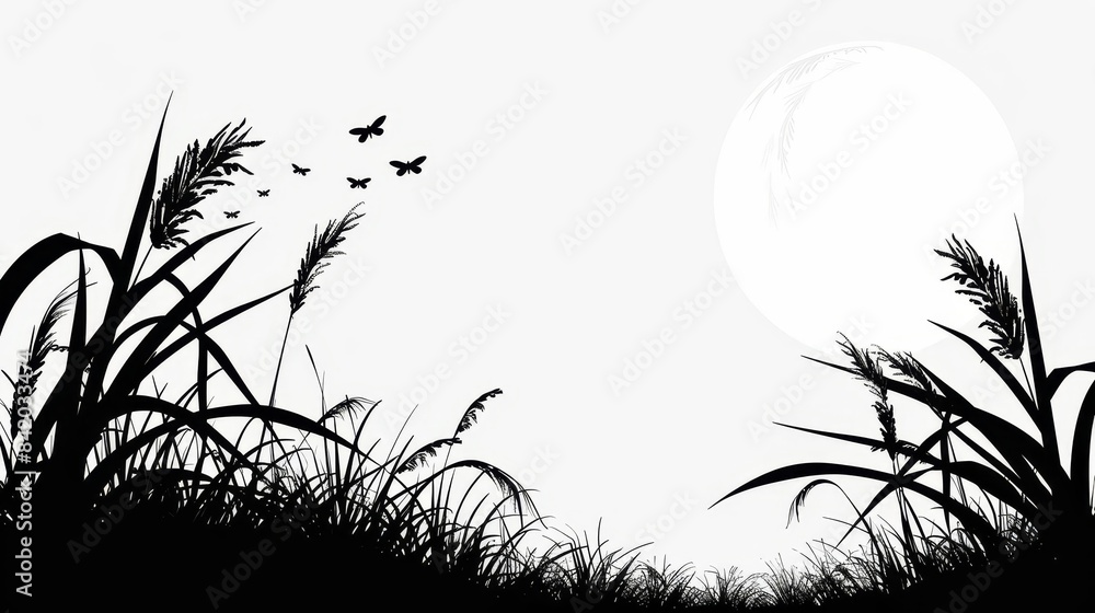 Black vector illustration of rice fields with dragonflies Black vector illustration of rice fields with dragonflies
