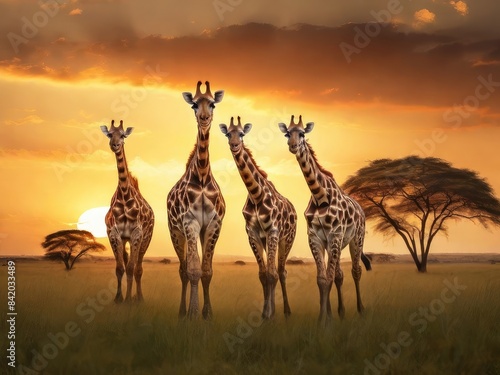 Giraffes walking in a row in grassy field below sunlight