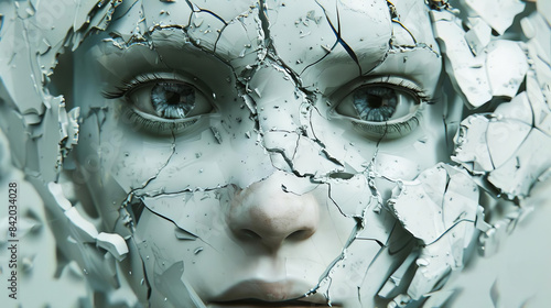 Eye-level perspective of a cracked porcelain dolls face, one eye missing, surrounded by broken shards, beautifully tragic yet haunting, highly detailed photorealistic CG 3D render. photo