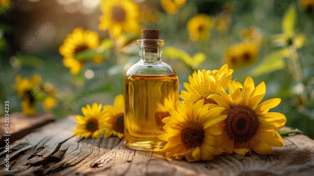 Sunflower oil on a wooden table among sunflower Sunflower oil on a wooden table among sunflower