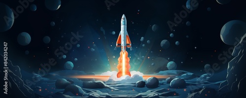 A rocket launches from a moon-like surface into space, surrounded by a starry sky and distant planets, space exploration.