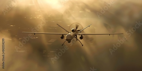 Military drone surveilling urban area during war with smoky background. Concept Military Drones, Urban Warfare, Surveillance Technology, War Photographs, Smoky Environment photo