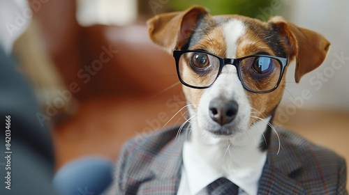 Cute Pet with glasses and office wearing suit outfit . Funny Dog Employee at Work. Creative Business Job Concept. 
