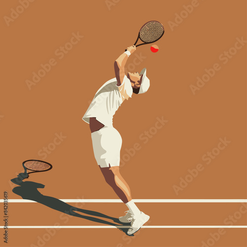 tennis player hitting and smash ball with racket. Flat style digital design element. Simple vector illustration with men playing tennis in white clothes.