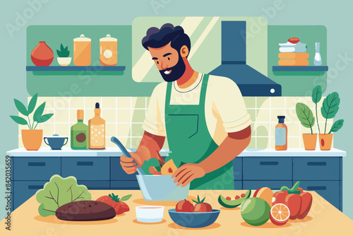Instead of relying on protein bars and shakes the man makes his own nutritious meals at home incorporating lean proteins and complex carbohydrates.. Vector illustration 