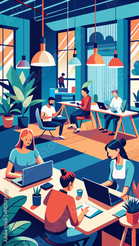 Modern coworking space with people working on laptops vector