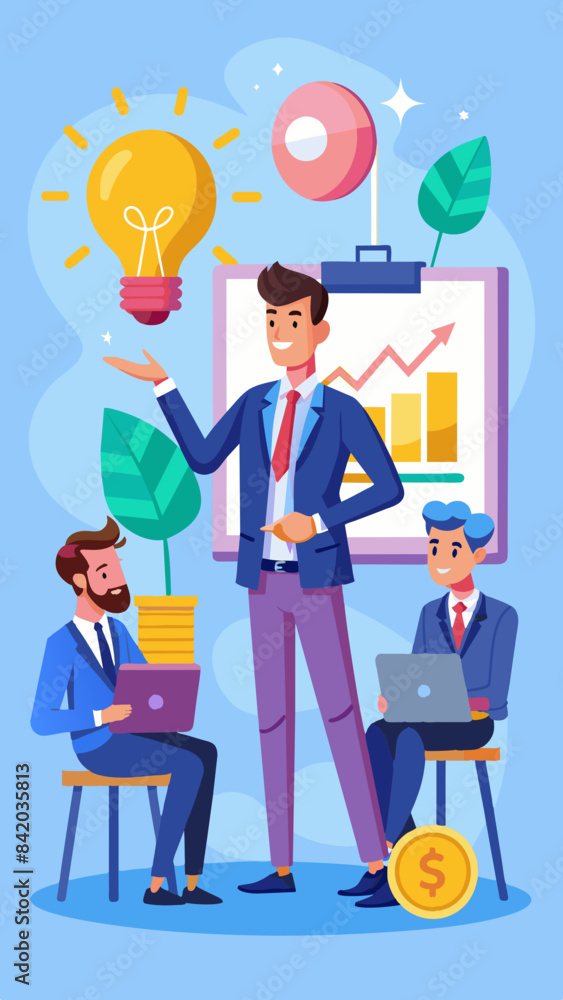 Entrepreneur pitching an idea to investors vector Entrepreneur pitching an idea to investors vector