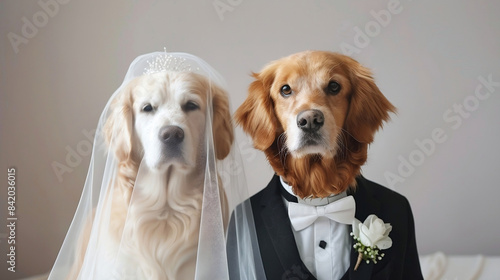 Cute Dogs getting married, wedding dress, plain background. Funny Happy Wedding invitation card.