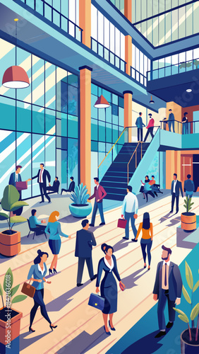 Busy office lobby with people walking and talking vector
