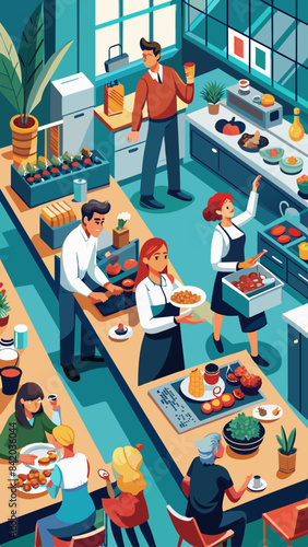 Busy office kitchen with employees grabbing snacks vector