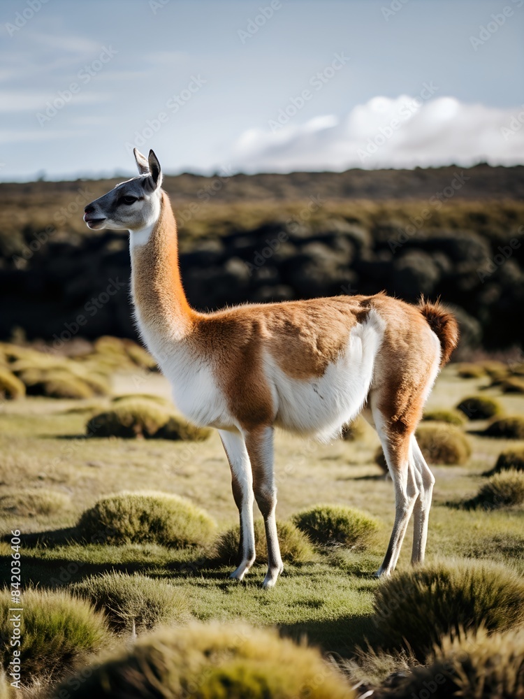 Guanaco Llama Grazing in Field With Mountain Background Patagonia argentina argentine Guanaco Llama Grazing in Field With Mountain Background Patagonia argentina argentine