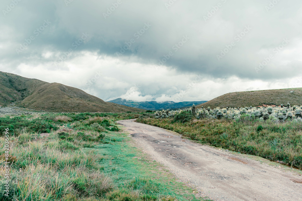 mountainous landscape with an unpaved road in the cold mountains of Colombia mountainous landscape with an unpaved road in the cold mountains of Colombia