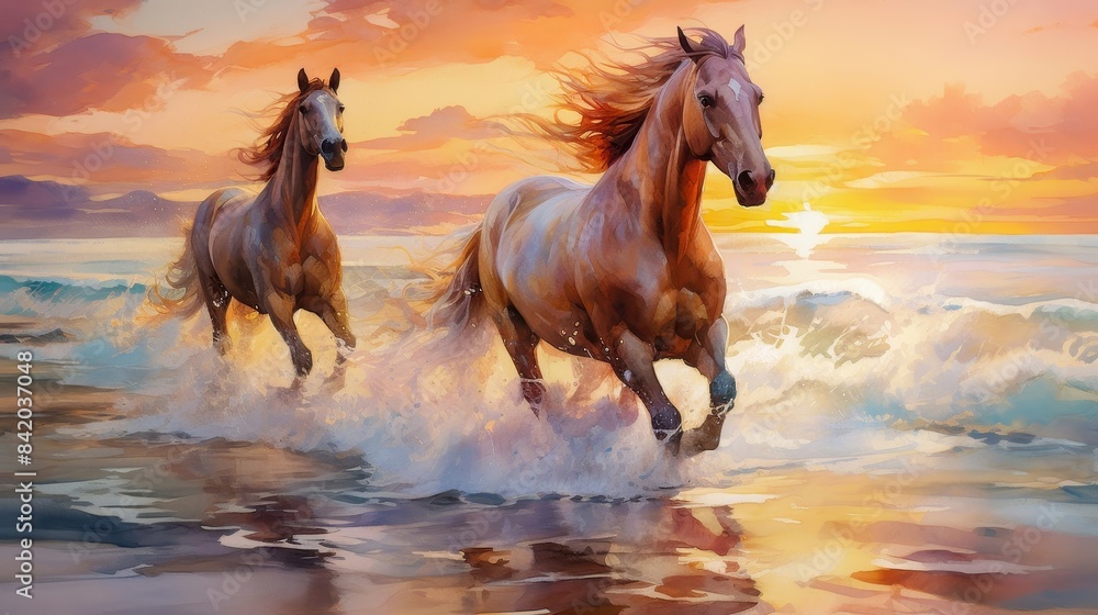 Fototapeta premium Two majestic horses running in shallow ocean water against a vibrant sunset, showcasing freedom, beauty, and the scenic coastal landscape.