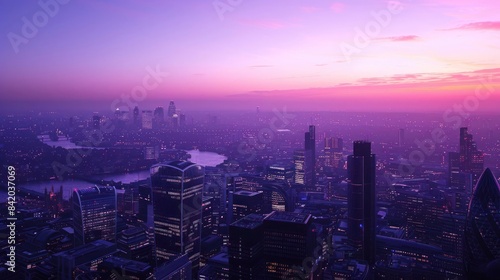 Wallpaper Mural Purple sky over modern city skyline at sunset. High-rise buildings stand tall, bathed in soft pink and purple hues of a calming evening. Torontodigital.ca